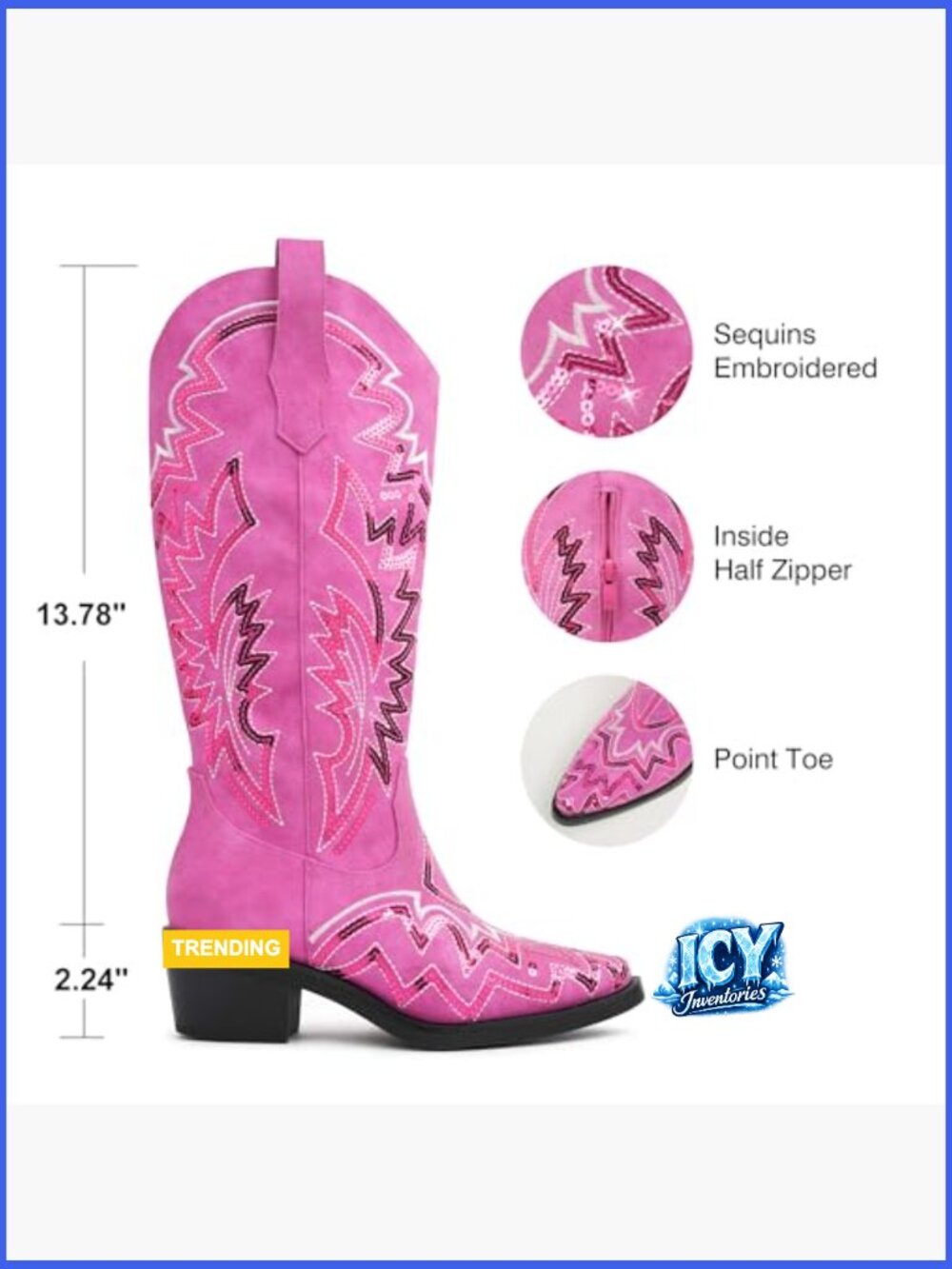Sequin Embroidered Mid Calf Western Cowboy Boots Chunky Block Heel Pointed Toe - Picture 4 of 7